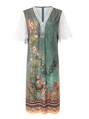 Floral Print V Neck Dress Lace Short Sleeve Dress