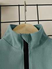 Boys Corduroy Sweatshirt & Pants Set, Stand Collar Zip, Elastic Waist