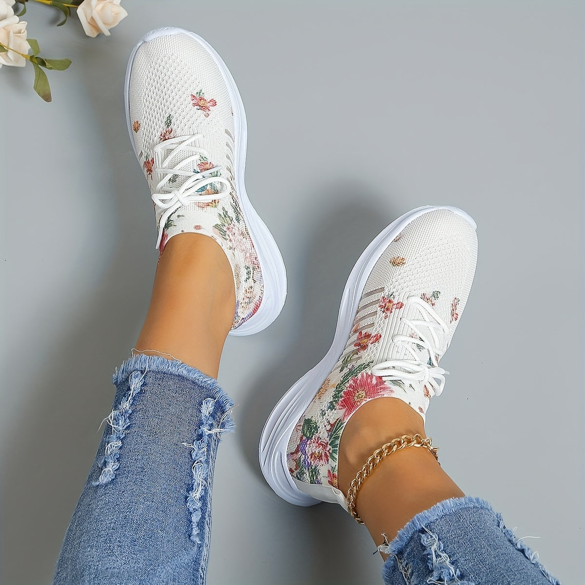 Women's Floral Print Sports Shoes Knit Low Top Running Shoes