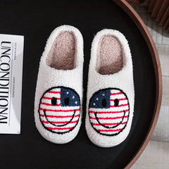 Women's Smile Face & Flag Pattern Slippers Plush Lined Warm Indoor Shoes