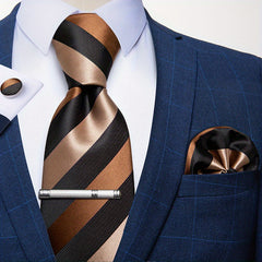 Men's Golden Striped Silk Necktie Set Wedding