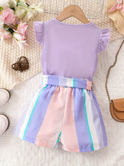 Girls Ruffled Sleeves Tee & Stripe Shorts Set