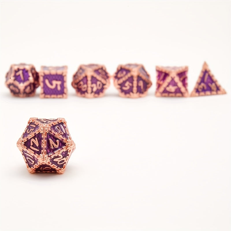 Dragon Scale Metal Dice Set 7-Piece Gift Set Rose Golden Purple