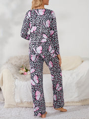 Butterfly Print Leopard Pajama Set Long Sleeve Top & Pants