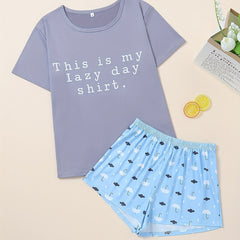Women's Letter Print Pajama Set Crew Neck Top & Shorts