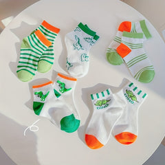 5 Pairs Boys Dino Print Crew Socks Thin Breathable Striped Casual Knit Socks