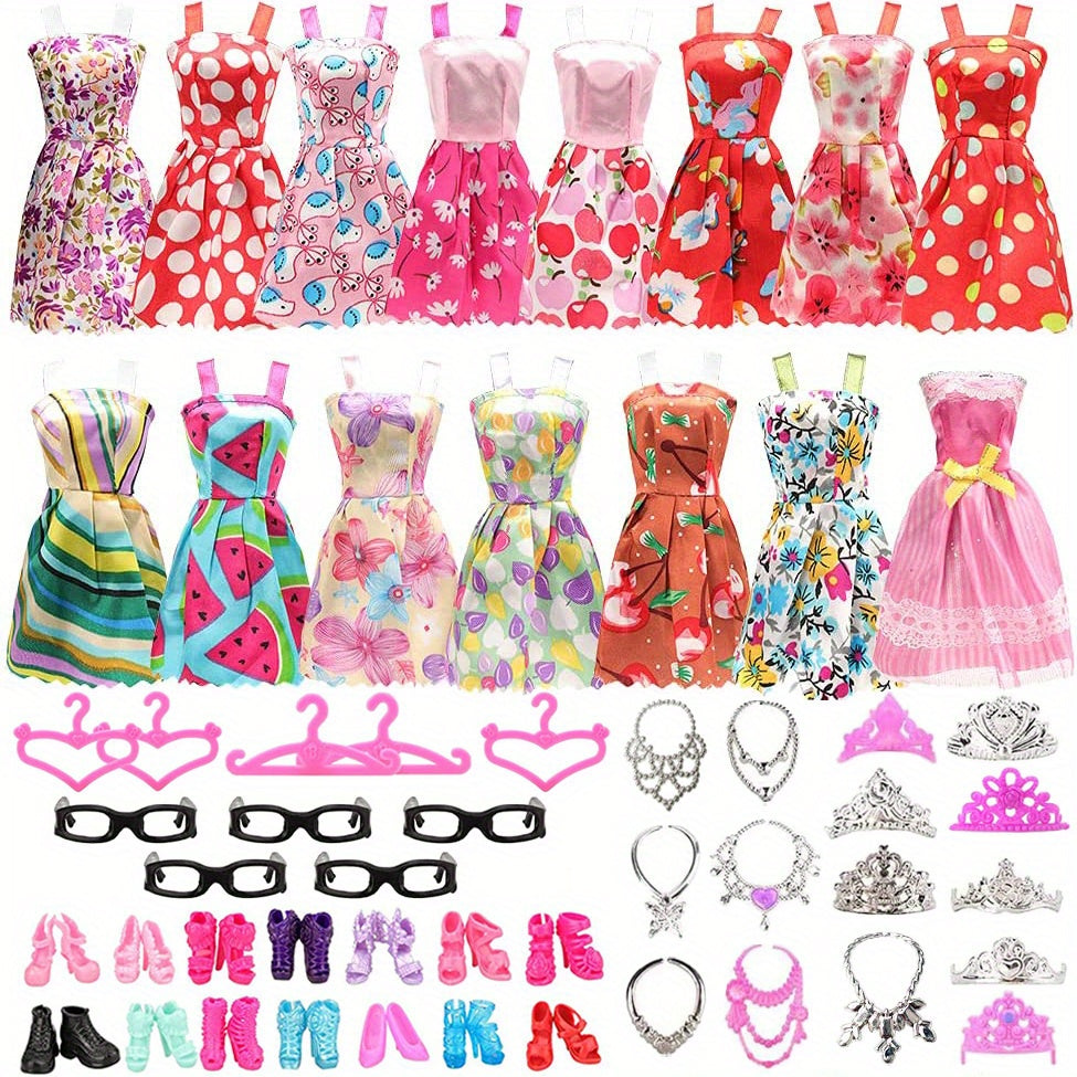 42pcs Doll Clothes Set: 10 Dresses, 10 Shoes, 6 Necklaces, 6 Crowns