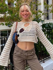 Crochet Knitted Long Sleeve Crop Top for Summer & Spring