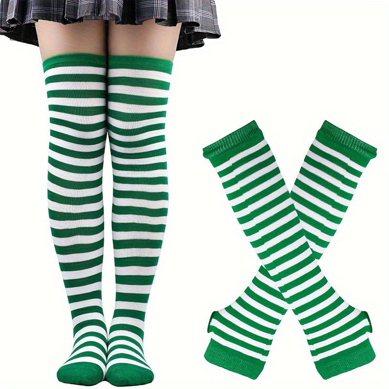 Colorful Striped Knitted Thigh Long Stockings & Gloves Set