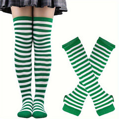 Colorful Striped Knitted Thigh Long Stockings & Gloves Set