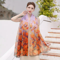 Tropical Floral Printed Silk Scarf Wrap Head Wrap Gift for Mother