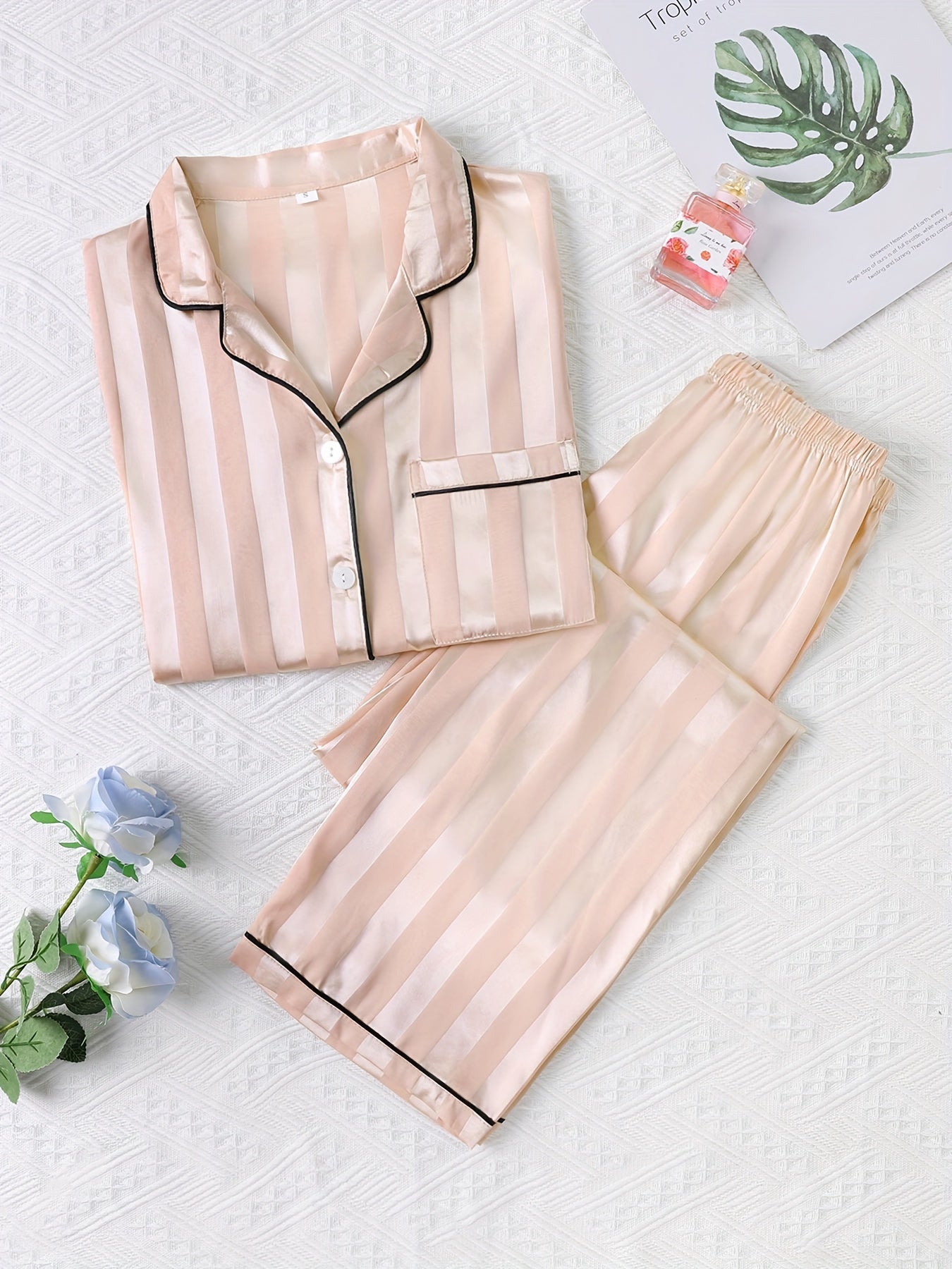 Striped Satin Lounge Set Short Sleeve Top & Pants Women's Loungewear