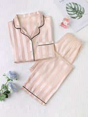 Striped Satin Lounge Set Short Sleeve Top & Pants Women's Loungewear