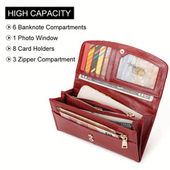 RFID Blocking Leather Wallet for Women & Men Zippered Long Clutch Purse