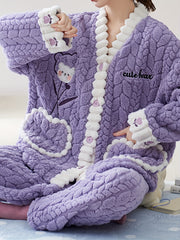 Bear Print Pajama Set Long Sleeve Top & Pants Women's Sleepwear