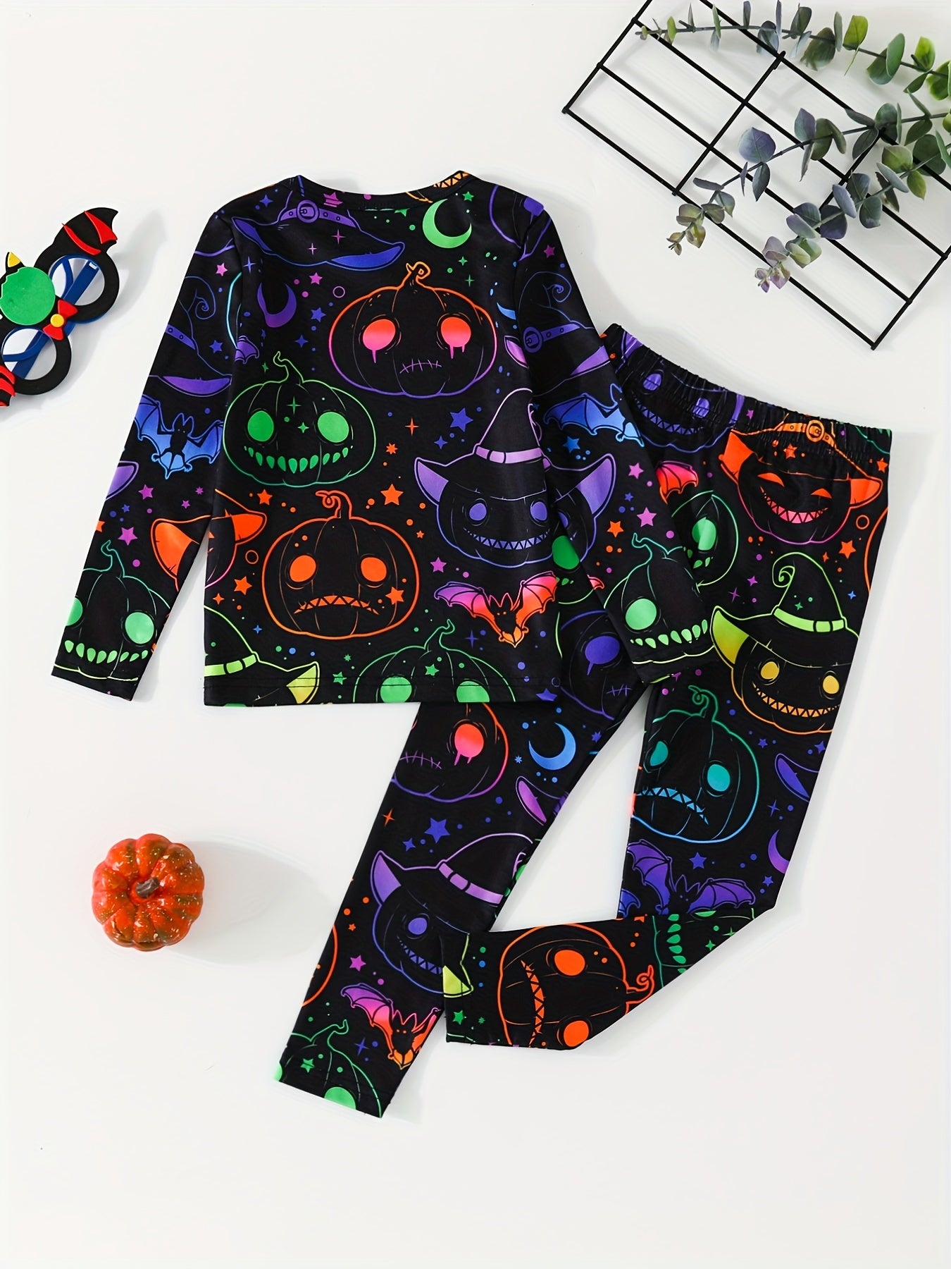 Girls Halloween 2pcs Pajamas Set Pumpkin Bats Print Long Sleeve