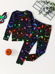 Girls Halloween 2pcs Pajamas Set Pumpkin Bats Print Long Sleeve