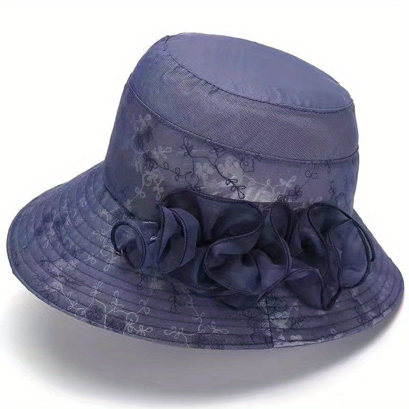Flower Decor Gauze Bucket Hat Embroidery Basin Hat Casual Fisherman Cap