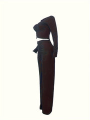 Solid Long Sleeve Ruched Top & Pants Set