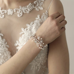 Faux Pearl Rhinestone Wristband Mesh Ribbon Bridal Wedding Accessory