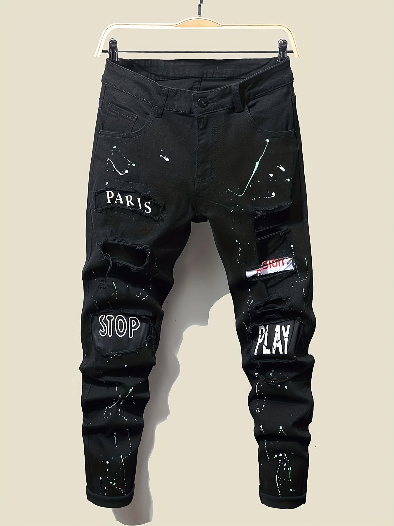 Slim Fit Patchwork Jeans High Stretch Denim Pants