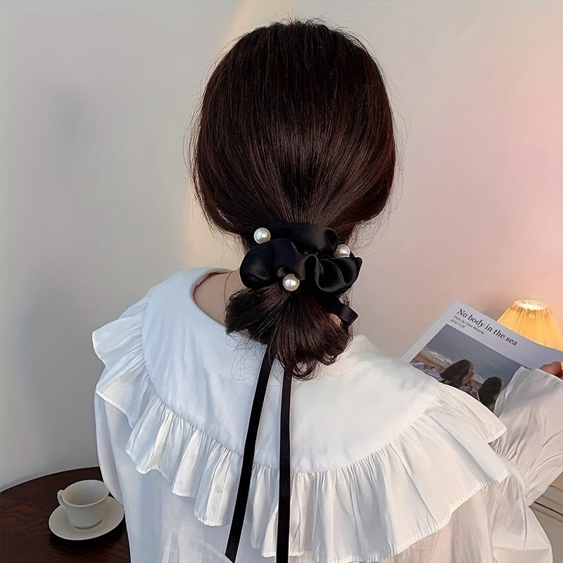 Faux Pearl Scrunchies Hair Tie Ribbon Tassel Hair Rope Satin Soft Ponytail