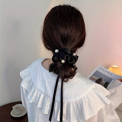 Faux Pearl Scrunchies Hair Tie Ribbon Tassel Hair Rope Satin Soft Ponytail