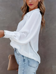 Solid Button Up Lantern Sleeve Blouse