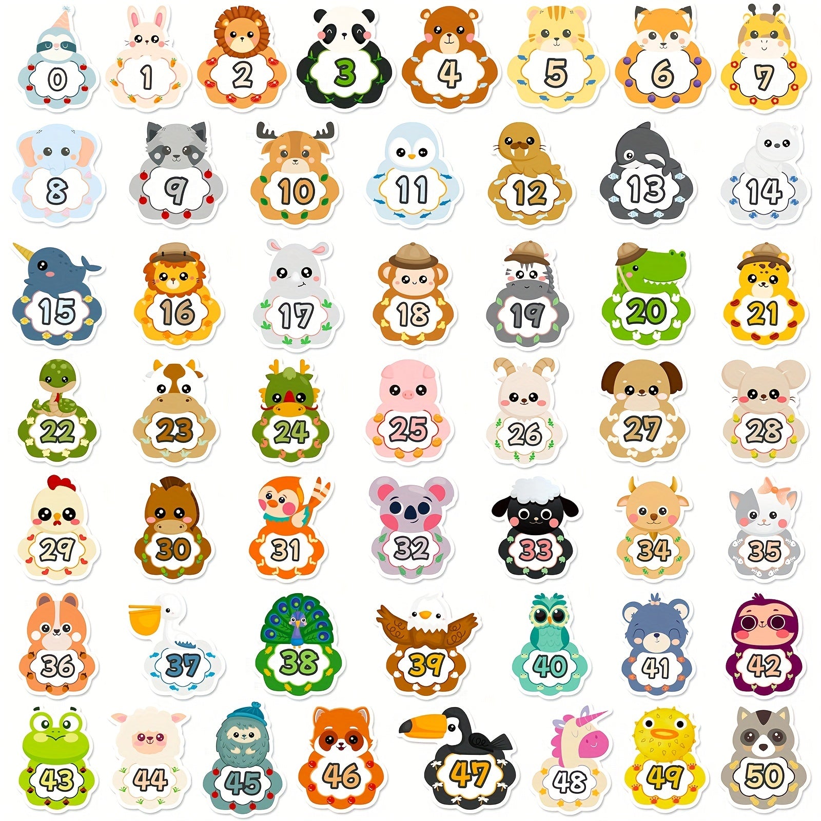 50PCS Cartoon Animal Baby Number Stickers Educational Decals