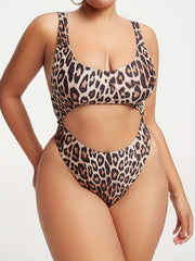 Leopard Print One Piece Swimsuit Scoop Neck Tummy Control High Cut