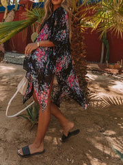 Print Cover Up Loose Fit Split Beachwear Kimono Women's Swimwear
