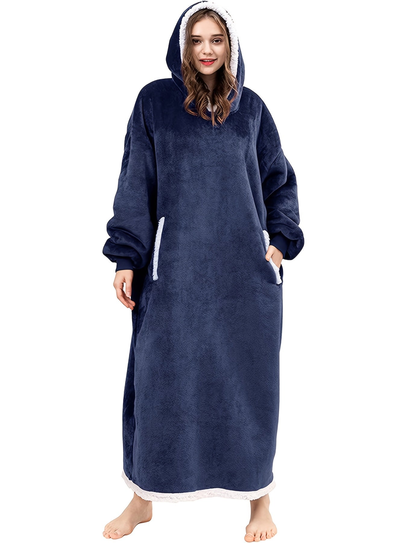 Women's Plus Size Fleece Hooded Lounge Robe with Pockets