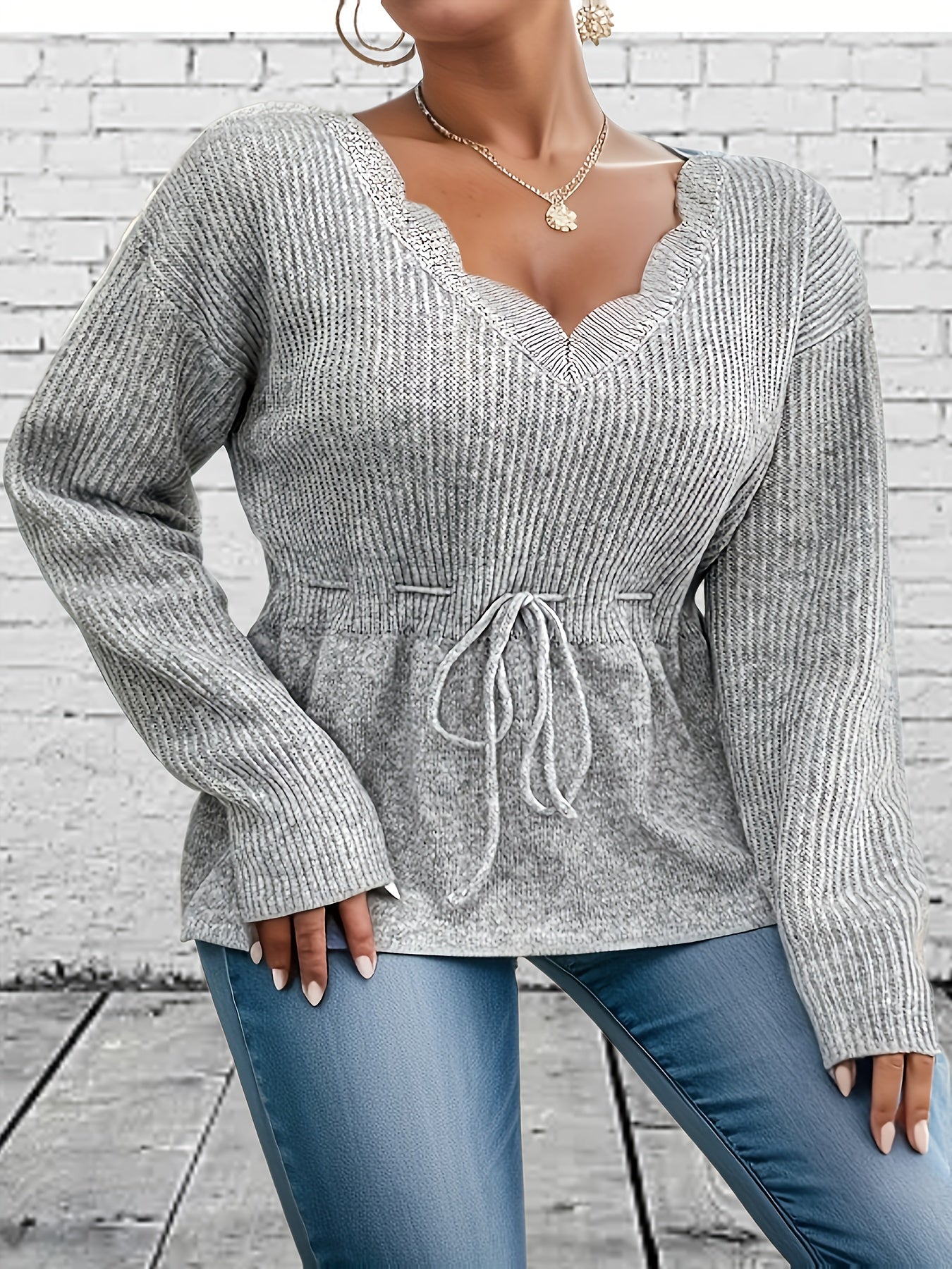 Casual Sweater Women's Plus V Neck Floral Trim Drawstring Jumper