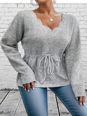 Casual Sweater Women's Plus V Neck Floral Trim Drawstring Jumper