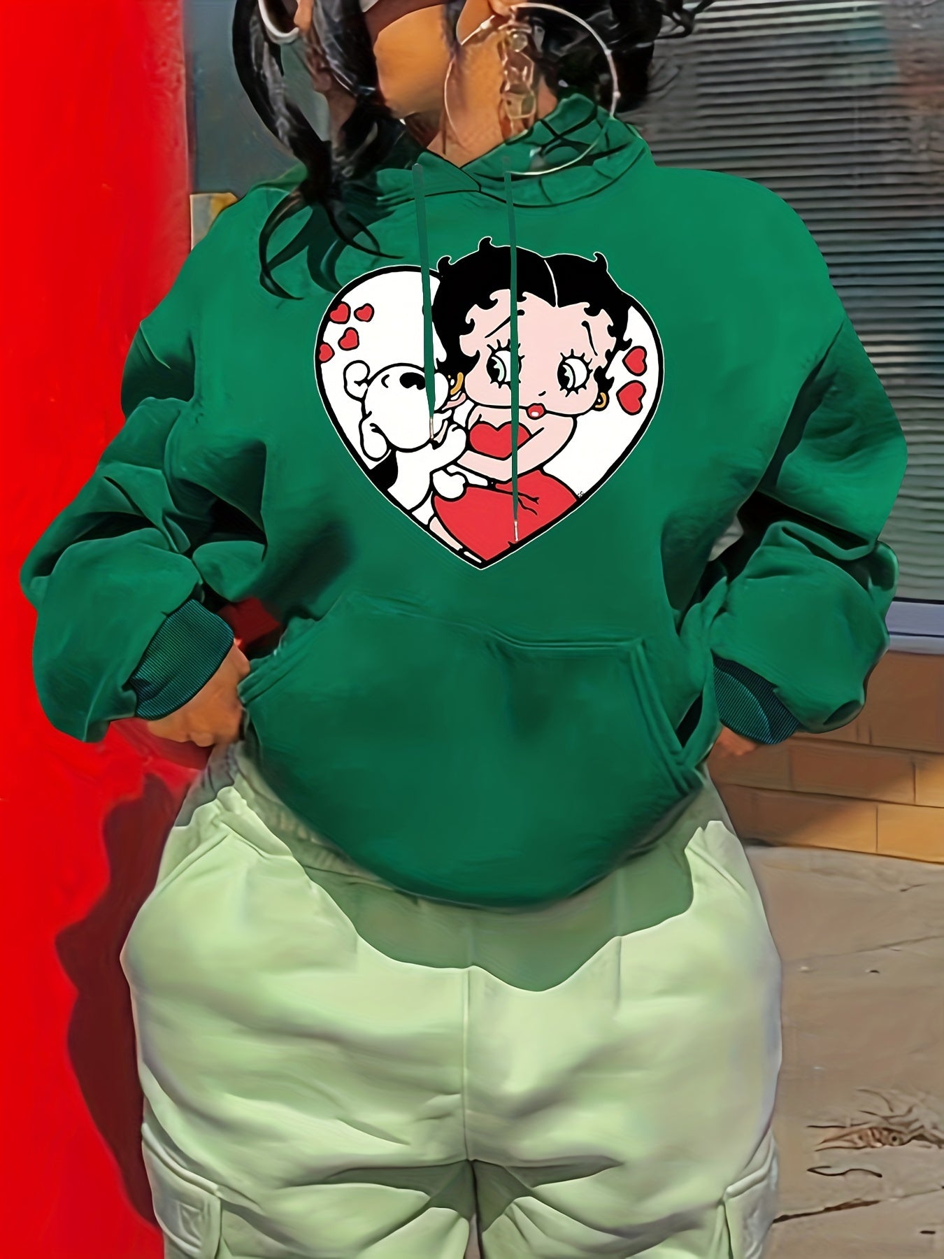 Cartoon Print Hoodie Drawstring Casual Hooded Sweatshirt