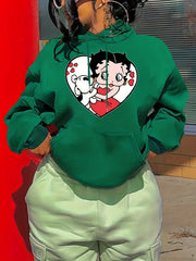 Cartoon Print Hoodie Drawstring Casual Hooded Sweatshirt
