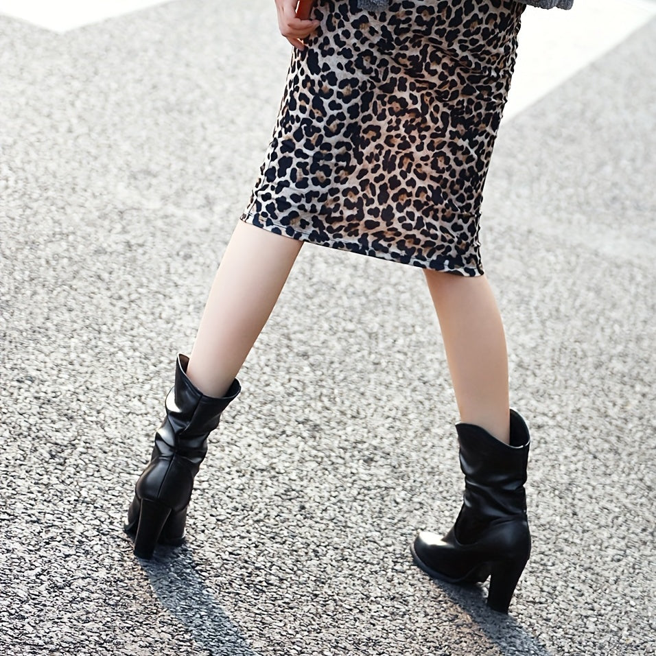 Slouchy Heeled Boots Pointed Toe V cut Slip On High Heels