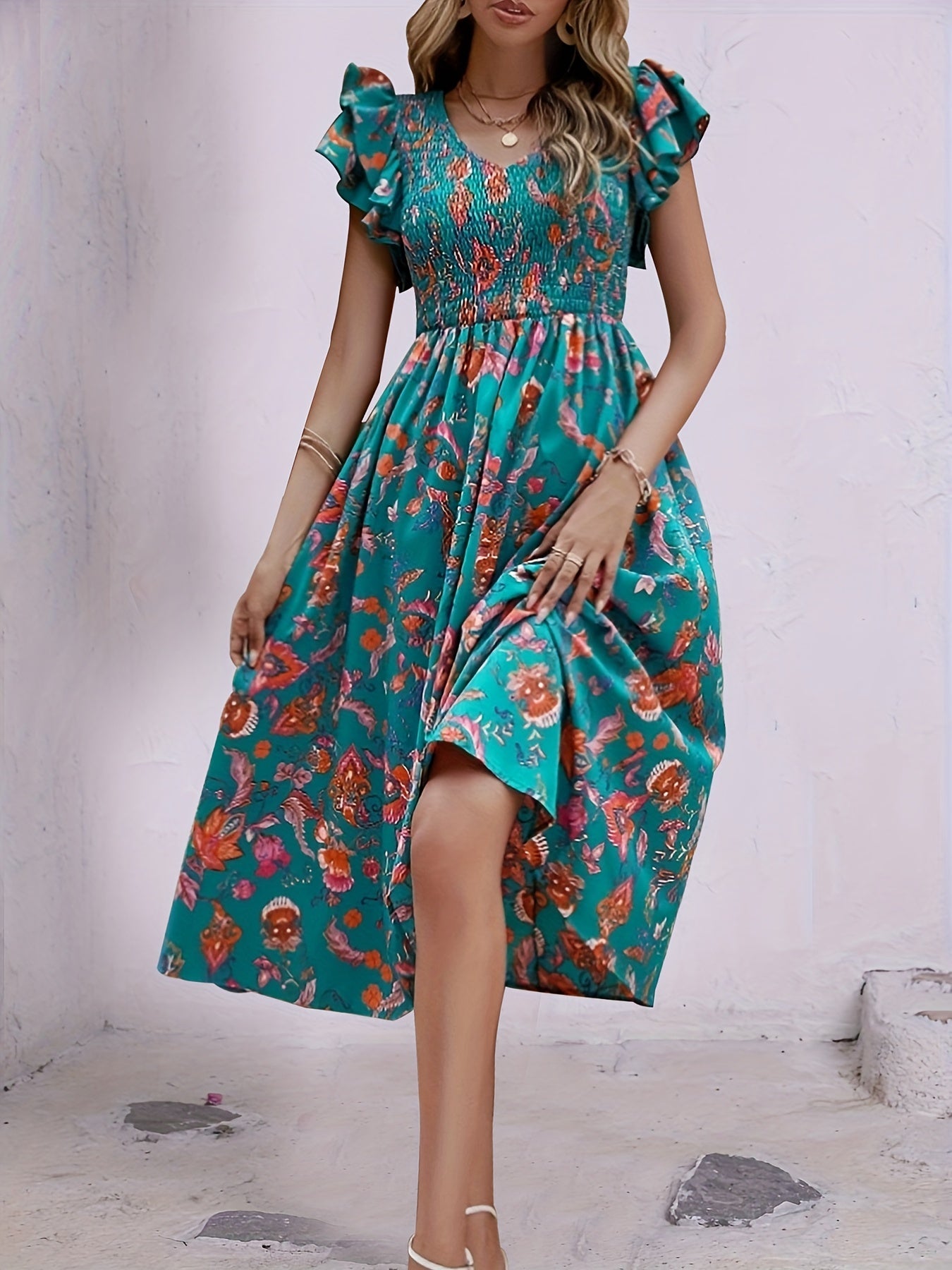 Floral Print Ruffle Dress V Neck Short Sleeve Shirred Dress