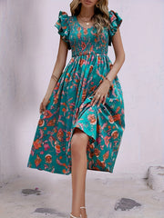 Floral Print Ruffle Dress V Neck Short Sleeve Shirred Dress