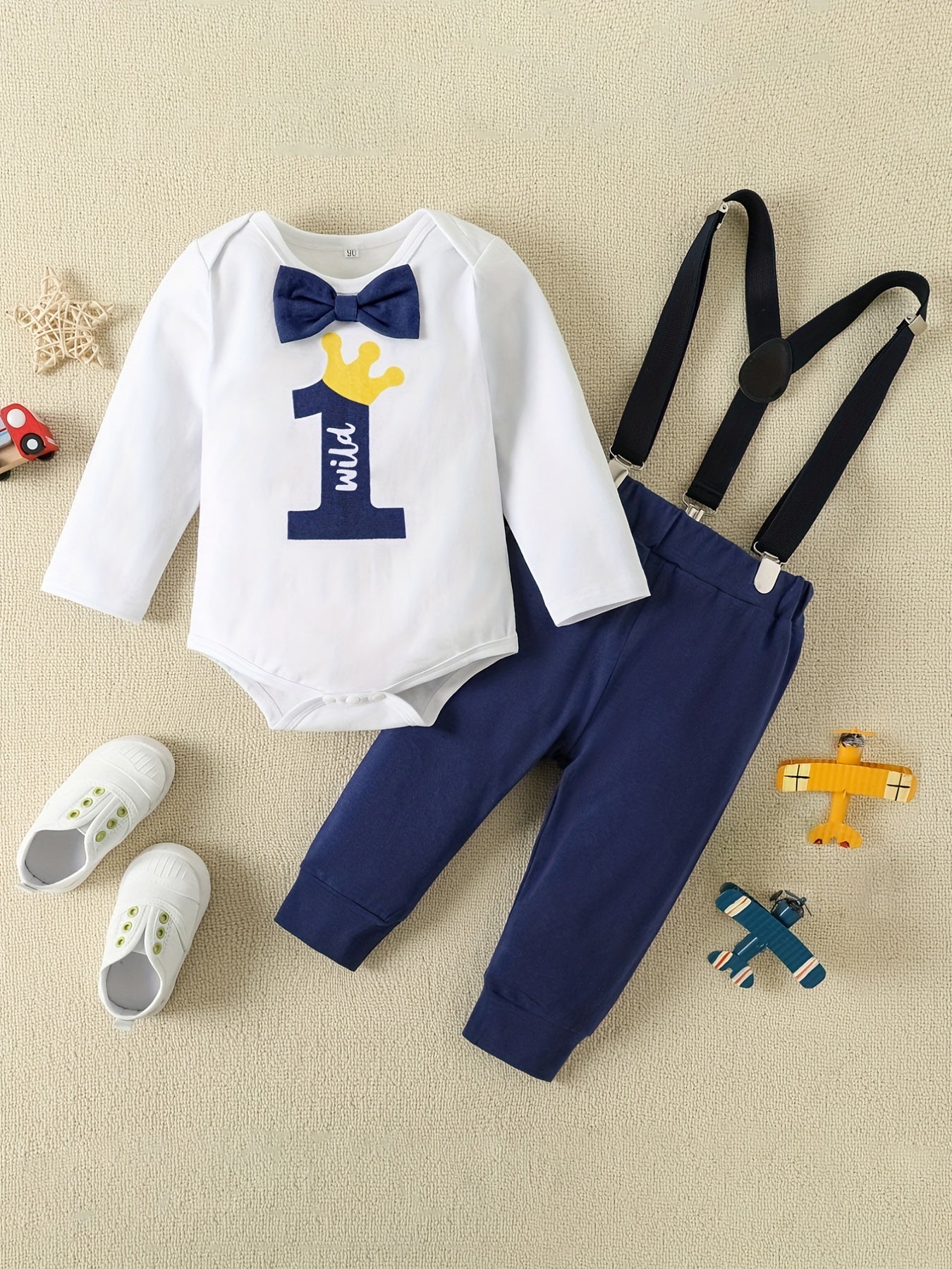 Letter Print Long Sleeve Romper & Overall Pants Set
