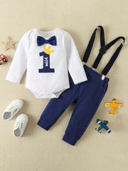 Letter Print Long Sleeve Romper & Overall Pants Set