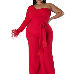Solid Tassel Trim One Shoulder Jumpsuit Plus Size