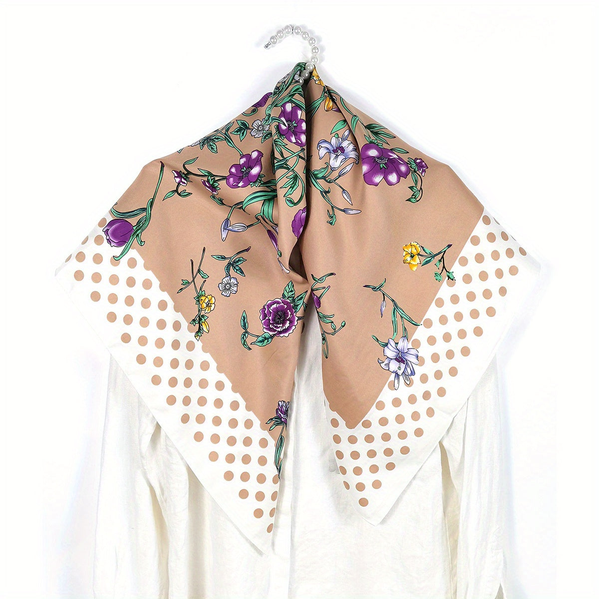Polka Dot Flower Print Shawl Boho Twill Silk Square Scarf Vintage Neckerchief