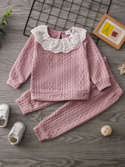 Girls Lace Trim Long Sleeve Sweatshirt & Jogger Pants Set