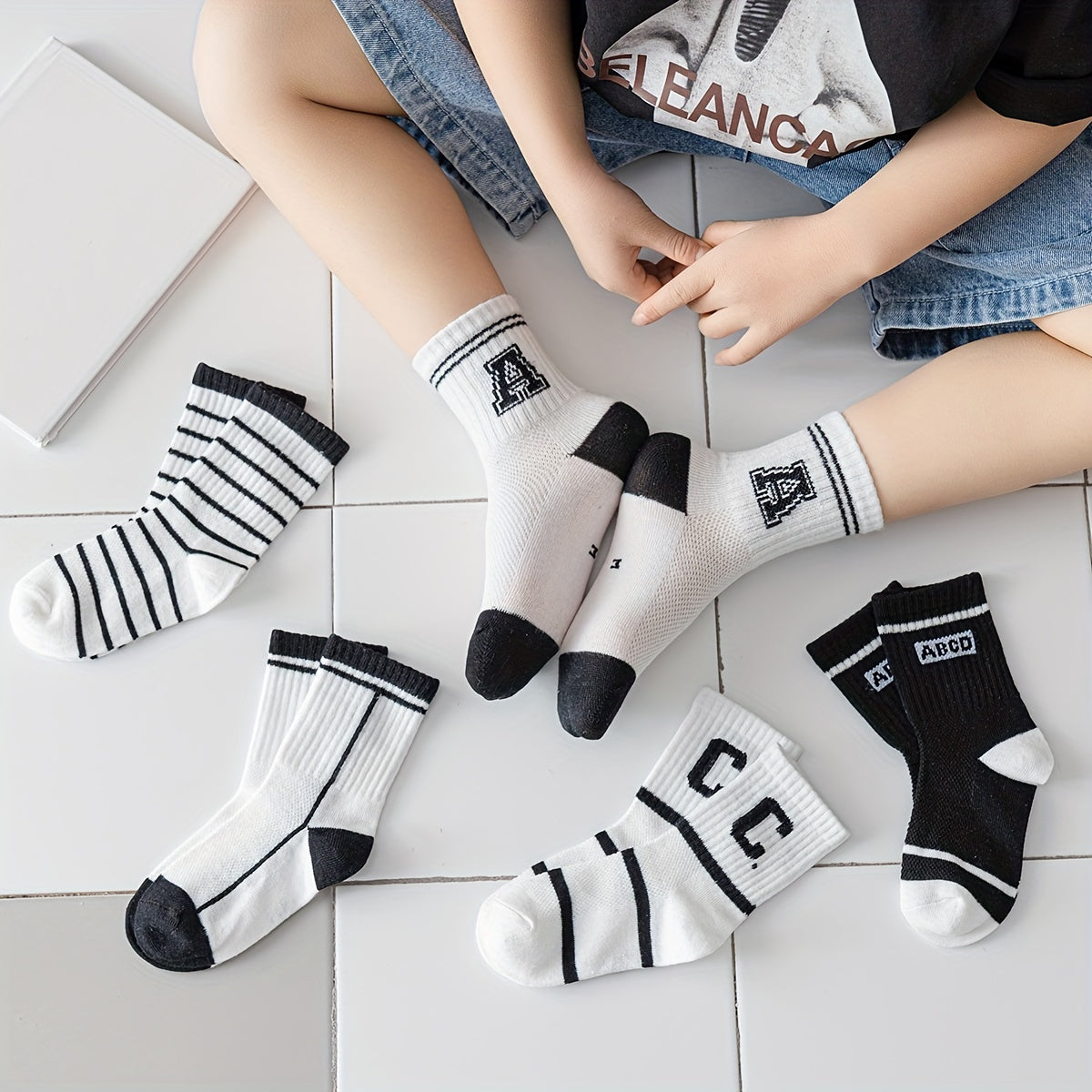 5 Pairs Striped Knit Crew Socks Cotton Boys Girls Accessories