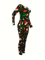 Christmas Print Lounge Jumpsuit Long Sleeve V Neck Buttons Jumpsuit