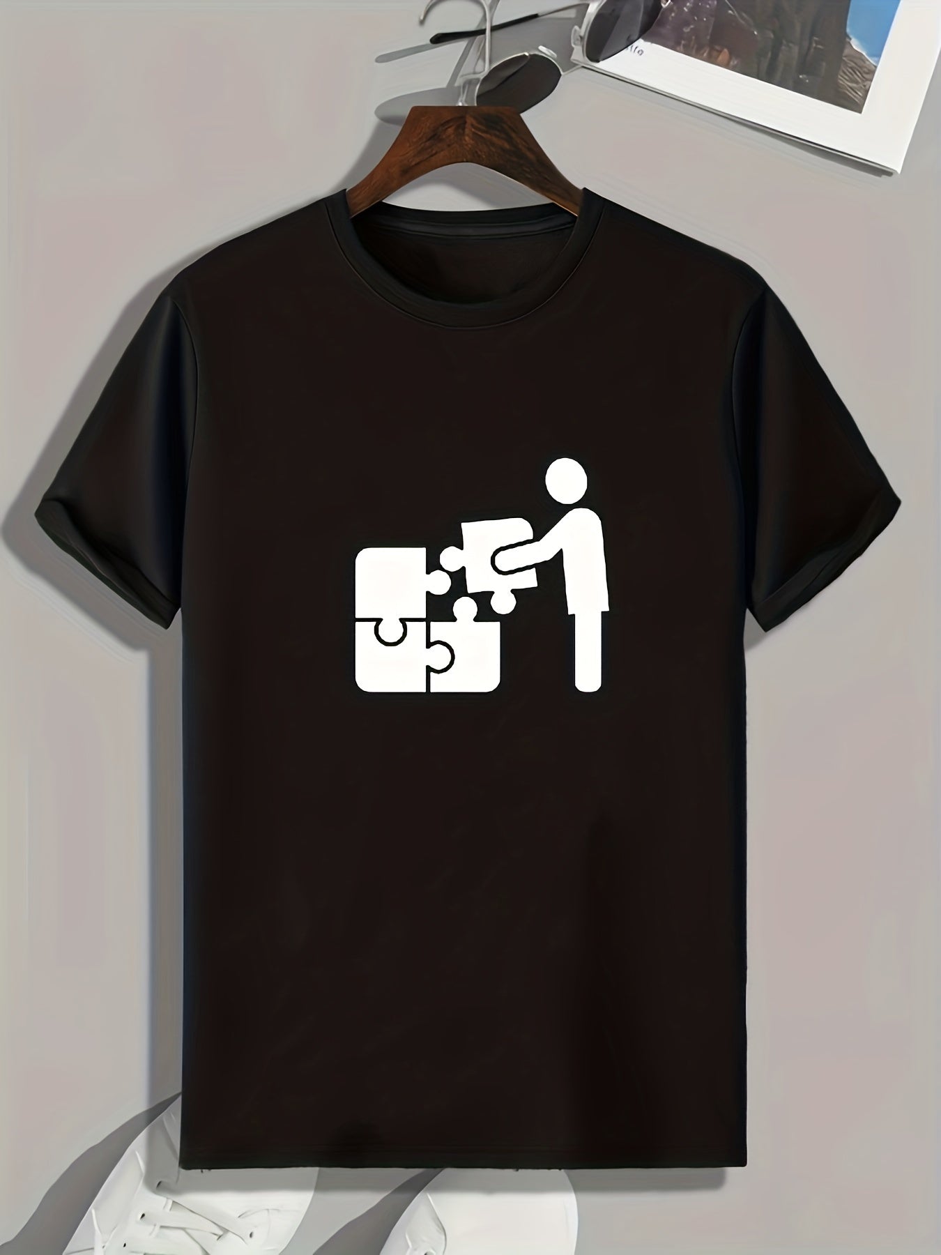 Puzzle Pattern Print Men's Comfy Sports T shirt Graphic Tee