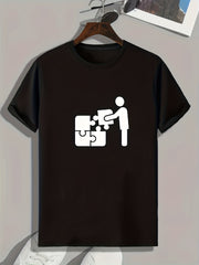 Puzzle Pattern Print Men's Comfy Sports T shirt Graphic Tee