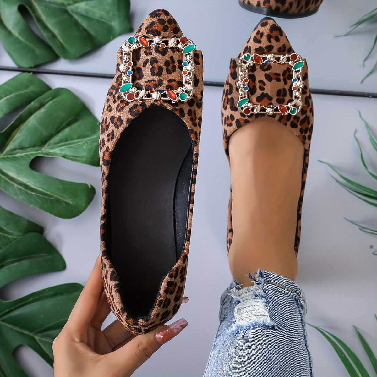 Women's Rhinestone Point Toe Slip On Leopard Print Flats