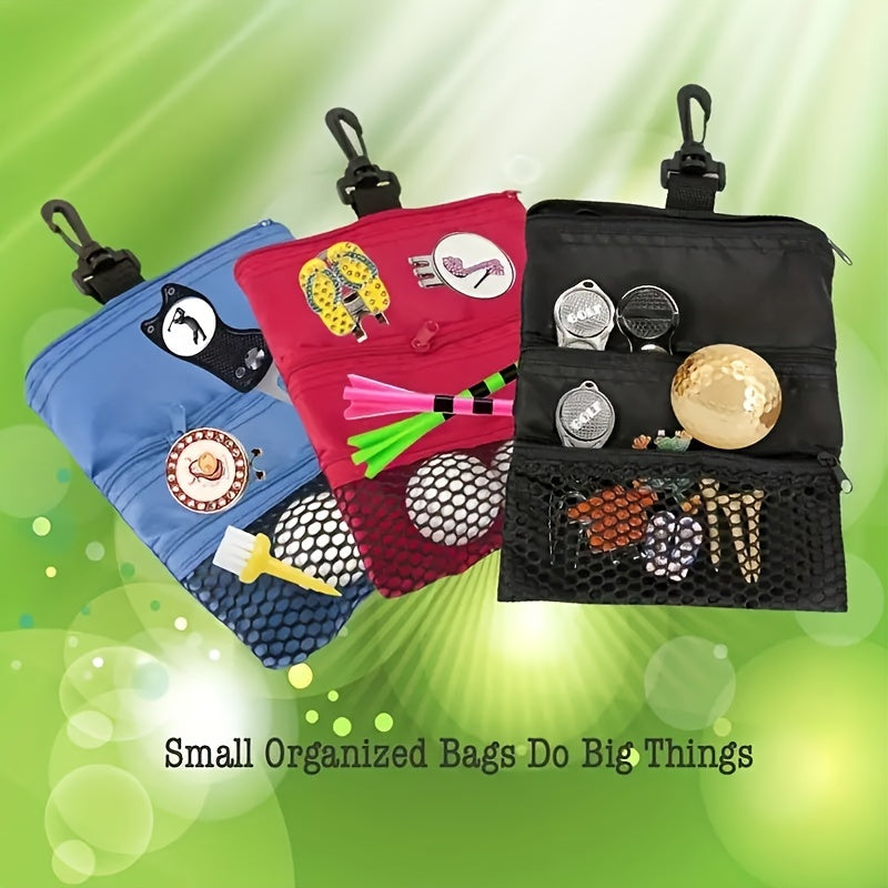 Portable Pocket Pouch for Golf Bag - 3 Zippered Pockets & Clips